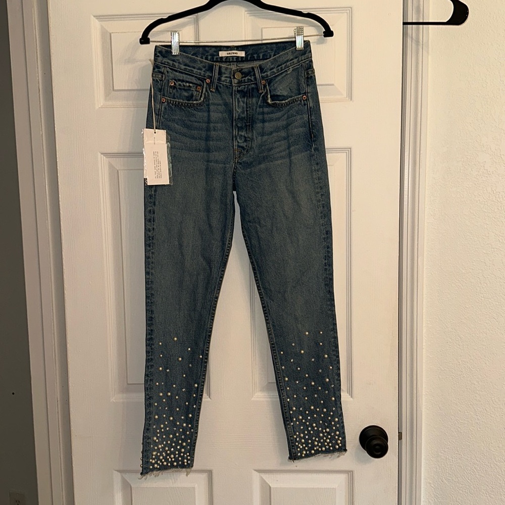 GRLFRND KAROLINA PEARL EMBELLISHED DENIM